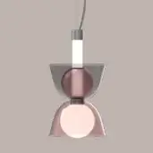 Pendant light, rose-gold finish, layered sculptural design with gray and burgundy accents, cylindrical silver cap, illuminated pink orb.