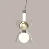 Pendant light, clear glass and gold metal, layered conical shades with central sphere and white diffuser, minimalist design.