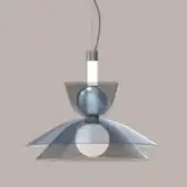 Pendant light, silver toned metal, layered curved shade with circular white element and blue sphere, suspended from dark gray wire.