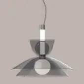 Pendant light fixture, polished metal, tiered conical shade with rounded bowl, suspended by a slender cord, cool gray tone.