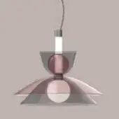 Pendant light, metallic gradient finish, multi-tiered design with rose and gray tones, conical shade, silver cord, warm color size g.