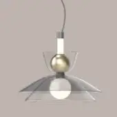 Pendant light, brushed silver metal, conical shade with inner gold sphere and clear acrylic cup, suspended from dark gray cord.