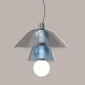 Pendant light, blue glass, layered spheres with silver band and brushed silver conical shade, suspended from silver wire cord.