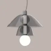 Pendant lamp brushed metal two conical shades cylindrical rod frosted glass bulb mid-century modern size i cold neutral.