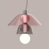 Pendant lamp, pink metal, multi-tiered shades with sloping top, rounded bulbous form, gray cone, white bulb, cylindrical connector.