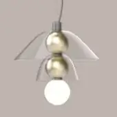Pendant light, brushed silver and gold, two-tiered conical shades with spherical accents and exposed white glass bulb, suspended by silver cord.
