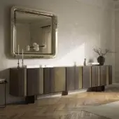 Distinguished Cattelan Italia Amsterdam sideboard crafted in Oxybrass with burnt oak inserts and curved steel feet
