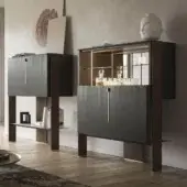 Exclusive Cattelan Italia Cremona bar cabinet with dark-stained wood, brass-colored steel legs and marble-effect ceramic shelving