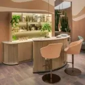 Sophisticated Vismara Dry Bar wall unit and counter with light tan lacquered finish, marble countertop, and illuminated shelving