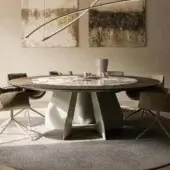 Distinguished Cattelan Italia Senator round table with marble-effect ceramic insert and dark brown finished wooden border built with geometric steel bases