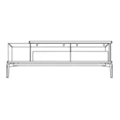Media console line drawing, wood tone, rectangular form with central beam, three dividers, single drawer, and tapered legs.