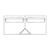 Karphi sofa line drawing, rectangular form, two cushions, squared borders, triangular base detail, minimal geometric design, black and white.