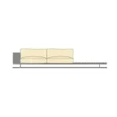 Memphis sofa B, light beige fabric, low profile with wide seat cushions and dark gray backrest on ribbed light gray platform base.