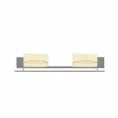 Modular sofa, pale beige fabric, rounded rectangular cushions, dark gray metal base with dotted pattern, minimalist contemporary design.