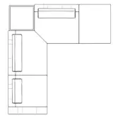 Black line drawing of a modular L-shaped sectional sofa with rectangular cushions, showcasing a grid pattern and simplified Karphi design.