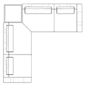 Karphi sectional sofa line drawing, modular L-shape, black on white, geometric blocks with cushions, studio rendering.