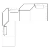 Modular sectional sofa line drawing, L-shape with extension, rectangular cushions, angled corner, low profile, modern aesthetic.