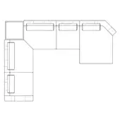 Karphi sectional sofa line drawing, modular L-shape, black and white, rectangular cushions, minimalist rectilinear design.
