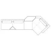 Sectional sofa line drawing, white background, modular design with two-seater, corner, and chaise lounge, rectangular form, angled armrest.
