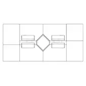 Modular sectional schematic, black lines on white, grid layout with mirrored seating modules and centered diamond shape.