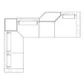 Karphi sectional sofa line drawing, modular L-shape with trapezoidal and rectangular components, geometric cushions, white background.