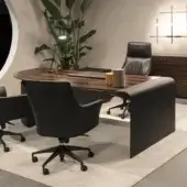 Distinguished 4 Mariani Siena desk with dark brown wood and saddle leather, crafted in a balanced matte black base