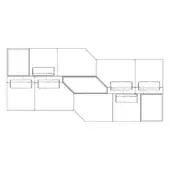 Karphi sectional drawing, black lines on white, showing modular components, rectangular forms, angled connections, and integrated drawers.