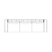 Three-seater sofa, light gray fabric, modular design with dark brown rectangular connectors, low profile, cushioned backrest, boxy armrests.