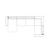 Modular sectional sofa line drawing, light gray, L-shape with five cushioned modules, rounded backs, and vertical indentations.