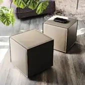 Exceptional Cattelan Italia Kubo ottoman crafted in light beige leather with contrasting side panels and visible stitching