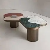 Distinguished Rugiano Landmark coffee table with Travertino silver, romano, and rosso marble sections built with bronzed brass metal