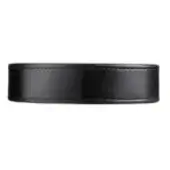 Black leather belt with stitched edges, smooth finish, and subtle embossed text “bl1 – black leather” against a white backdrop.