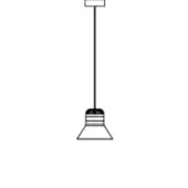 Pendant light, metal, conical shade with stepped detail, connected to a rectangular ceiling mount by a slender rod, dark gray finish.