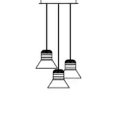 Pendant light, dark gray metal, three conical shades suspended from a horizontal bar with varying cord lengths, minimalist industrial design.
