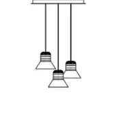Pendant light, brushed aluminum, three conical shades suspended from a rectangular mount with ribbed texture and symmetrical cord arrangement.
