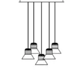 Chandelier with black metal, six conical shades suspended from a horizontal bar, minimalist industrial design, studio lighting.