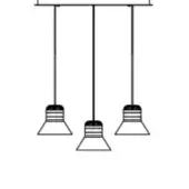Pendant light fixture, brushed nickel finish, with three cylindrical bases and conical lampshades suspended from a linear bar.