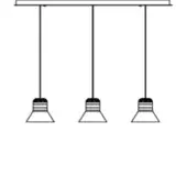 Pendant light fixture, dark gray metal and white shade, linear arrangement with three cylindrical pendants suspended from a rectangular bar.