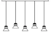 Chandelier with five conical shades, dark metal finish, rectangular mounting plate, symmetrical linear arrangement, studio product shot.