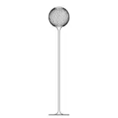 Floor lamp with spiraling wire mesh shade and polished metal stem, featuring a circular base and minimalist modern design.