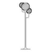 Floor lamp with metal stem and three woven spherical shades, minimalist design, curved arms, vertical silhouette, studio shot.