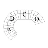 Geometric architectural rendering with black lines forming a curved, segmented pattern including the letters C, D, and E on a white background.