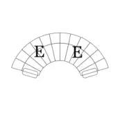 Schematic diagram of curved, segmented seating layout in grayscale, featuring wedge-shaped sections and central "E" letter markings.
