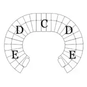 Abstract geometric composition with black lines on white, featuring radial rectangular segments and centered “C”, with “D” and “E” lettering.