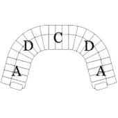 Architectural rendering of an arched structure with black grid blocks, featuring central "C" and flanking "D" letters above "A" bases.