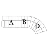 Modular seating diagram, light gray composite material, rectangular modules in sweeping arc labeled A, B, and D, minimalist geometric design.