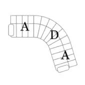 Modular seating schematic, black lines on white, L-shape with labeled modules A and D, grid pattern, technical diagram.