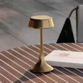 Distinguished Rugiano Wanda table lamp crafted in Italy with a curved silhouette and uniform golden tone in brushed brass