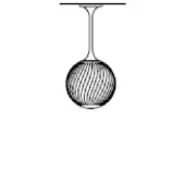 Pendant light, polished chrome, spherical shade with swirling parallel rods and slender stem against a white backdrop.