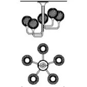 Molecular structure diagrams showing a hanging apparatus with six spheres and a schematic with a central atom connected to five rings.
